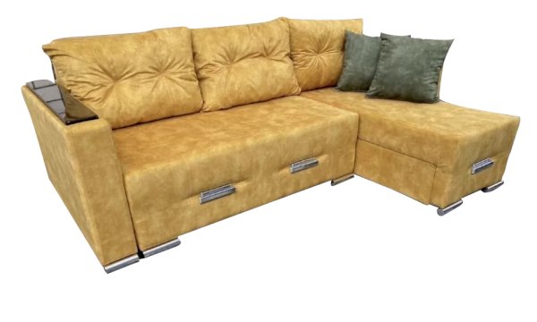 Желтый диван Новара с оттоманкой с МДФ накладками